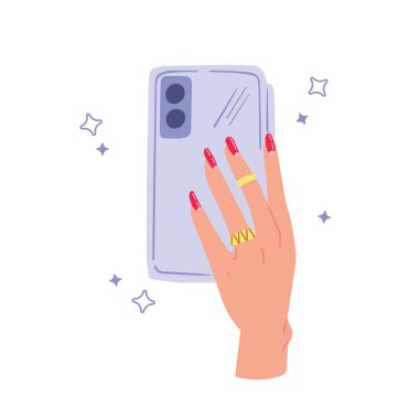 Female hand with red manicured nails holding phone. Nails design. Selfie. Hand drawn colored modern vector illustration isolated on white background.