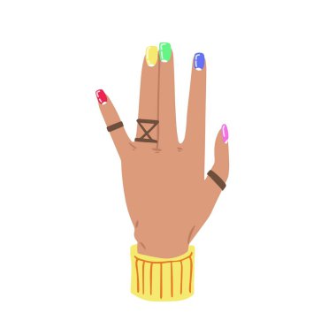 Female hand with colored manicured nails, rings. Nails design. Hand drawn colored modern vector illustration isolated on white background.