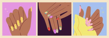 Female hand with manicured nails. Hand with bright cool colorful Manicure. Set of beauty concepts. Nails design. Hand drawn colored modern vector illustrations.