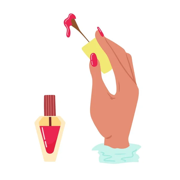 Female Hand Red Manicured Nails Holding Brush Polish Nails Design — стоковый вектор