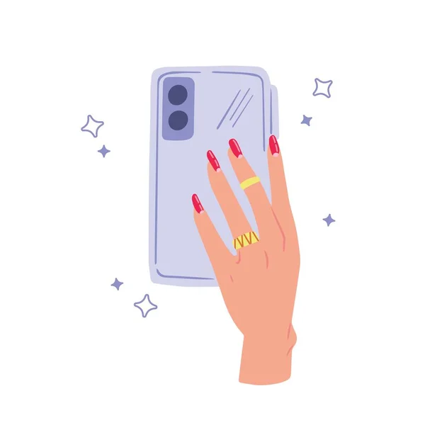 Female Hand Red Manicured Nails Holding Phone Nails Design Selfie — Stockový vektor