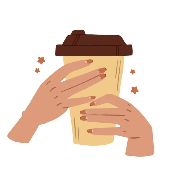 Female Hands Red Manicured Nails Holding Cup Coffee Nails Design — стоковый вектор