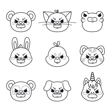 Kızgın hayvanlar. Kawaii karikatür tarzında evcil hayvan kafası. El çizimi hayvanlar çizim sanatı. Beyaz arkaplanda izole edilmiş vektör çizimleri kümesi.