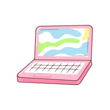 Renkli ekranla açılan dizüstü bilgisayar. El çizimi karalama. Vektör tasarımı çizimi beyaz arkaplanda izole edildi.