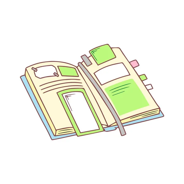 Otevřete Zápisník Záložkami Poznámkami Organizátor Ručně Kreslené Psací Potřeby Čmáranice — Stockový vektor