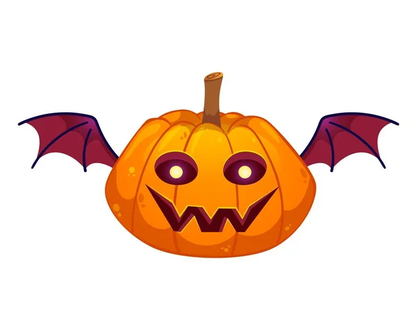Halloween Tök Hátborzongató Mosolygós Arccal Denevérszárnyakkal Vektor Rajzfilm Illusztráció Elszigetelt — Stock Vector