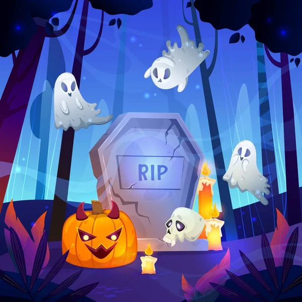 Kísérteties Halloween Erdő Temetőjében Aranyos Szellemek Lebegnek Tök Felett Sír — Stock Vector
