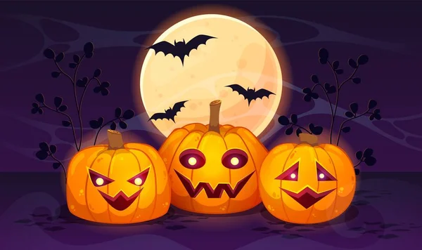 Citrouilles Halloween Sous Clair Lune Avec Des Chauves Souris Illustration — Image vectorielle