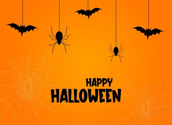 オレンジ色の背景にクモやコウモリのハッピーハロウィンバナー 漫画スタイルのカラフルなベクターイラスト — ストックベクタ