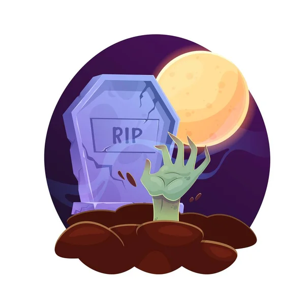 Zombie Ruka Vyleze Hrobu Tombstone Noci Halloweenský Hřbitov Kreslený Styl — Stockový vektor