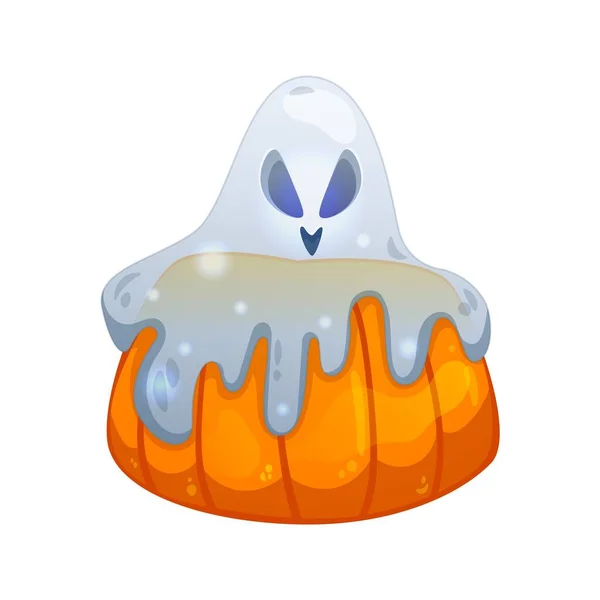 Lindo Fantasma Sentado Calabaza Para Halloween Estilo Dibujos Animados Ilustración — Vector de stock