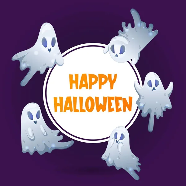 Szczęśliwego Plakatu Halloween Cute Duchy Ciemnym Tle Cukierek Albo Psikus — Wektor stockowy
