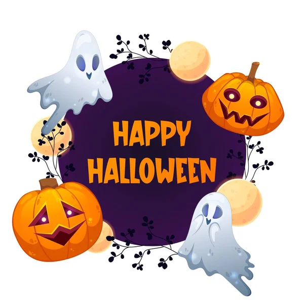 Boldog Halloween Banner Design Kör Szöveges Sütőtök Szellemek Hold Csokit — Stock Vector