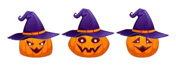Wytnij Dynie Kapeluszami Czarownic Postacie Halloween Elementy Stylu Kreskówki Dla — Wektor stockowy