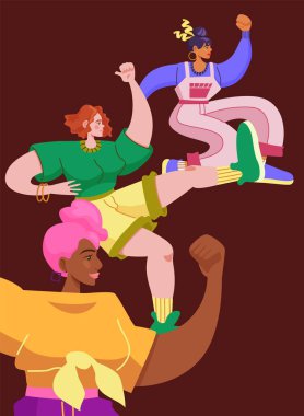 Kız gücü ve feminist hareket konsepti. Mutlu kadın uluslararası takım. Yürü be kızım. Güçlü kadınlar zıplar. Cinsiyet eşitliği ve güçlenme. Kadınlar Günü. Çizgi film düz vektör çizimi.