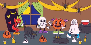 Retro Halloween partisi, 70 'lerin modası geçmiş modası. Balkabağı, hayalet, kafatası. Çizgi roman tarzında klasik Cadılar Bayramı maskotları tasarımı. Contour vektör illüstrasyonu.
