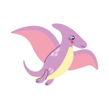 Şirin renkli dinozor pterodactyl karalaması. Çizgi film tarzında vektör illüstrasyonu beyaz arkaplanda izole edildi.