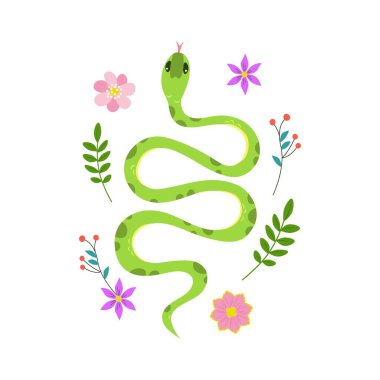 Bahar çiçekleriyle çevrili şirin yeşil yılan. Çizgi film stili üst görünümde Kawaii karakteri. Resimler beyaz arkaplanda izole edildi