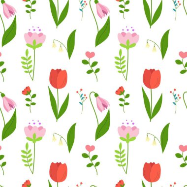 Pürüzsüz bahar çiçekleri, çiçek dalları ve yeşil yapraklar. Çok renkli çiçek açan botanik süsü. Beyaz arkaplanda düz vektör