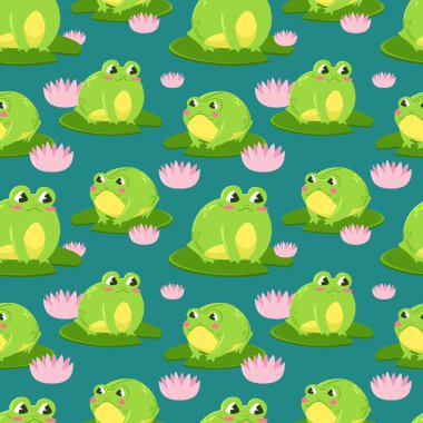 Göldeki nilüferlerle çevrili, kusursuz yeşil kurbağa deseni. Kawaii karakterleri çizgi film tarzında. Kalıp ambalajı.