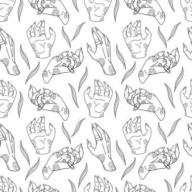 Bitkilerle çevrili gizemli, pürüzsüz cadı elleri. Ruhsal tasarım için el çizimi sihirli karalama deseni. Vektör illüstrasyonu beyaz arkaplanda izole edildi