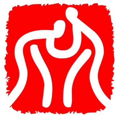 Red and white logotype of wrestling sport