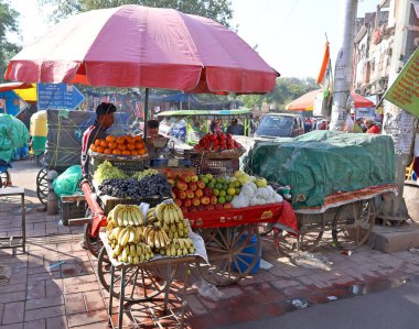 DELHI INDIA - 02 12 2023: Delhi 'deki sokak satıcısı ürünlerini satıyor