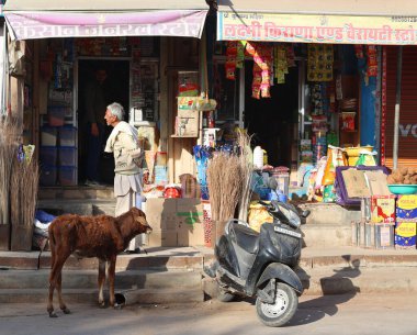 DELHI INDIA - 02 12 2023: Delhi 'deki sokak satıcısı ürünlerini satıyor