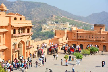 AMBER RAJASTHAN INDIA - 02 27 2023: Amer Fort veya Amber Fort. Madalyalı filler ve turist bekleyen fil binicileri.