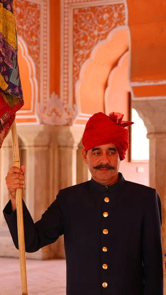 Jaipur Rajasthan India 2023 Indian Guard Red Turban City Palace — Stock Photo, Image