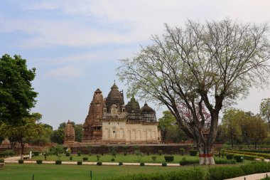 KHAJURAHO MADYHA PRADESH INDIA - 03 2023: Khajuraho Anıtlar Grubu, nagara tarzı mimari sembolizmleri ve birkaç erotik heykelleriyle ünlü Hindu ve Jain tapınaklarıdır.