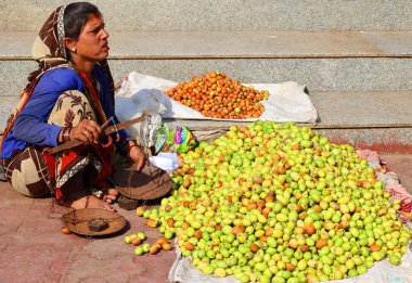 ORCCHA MADHYA PRADESH INDIA - 03 03 03 2023: Sokak piyasa kadını Ziziphus mauritiana, Hint jujujube, Hint eriği, Çin tarihi, Çin elması, ber, beri ve smaç satıyor