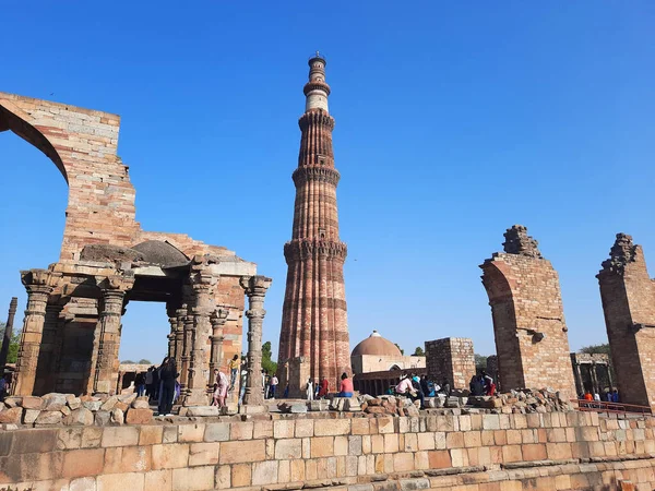 stock image DELHI INDIA - 02 11 2023: Qutub Minar Complex OF Delhis tower of victory. This 73m 12th-century minaret is Delhis Eiffel Tower or Big Ben the single most important symbol of the city.