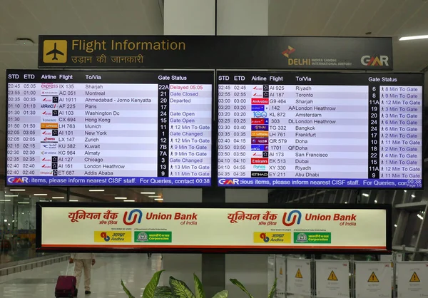 Delhi India 2023 Flight Information Board International Airport Delhi Airport — Stock Photo, Image