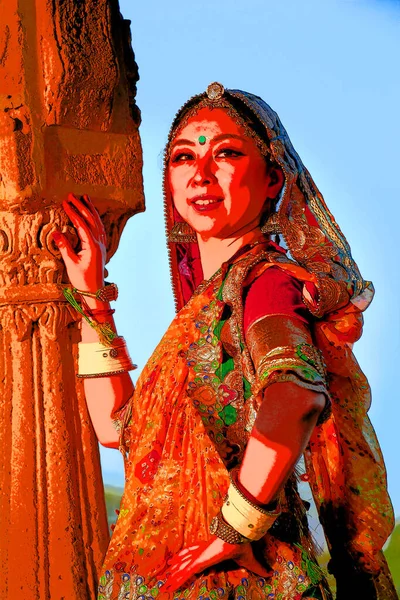 Jaisalmer India Illustration Vacker Ung Indiansk Kvinna Traditionella Kläder Med — Stockfoto