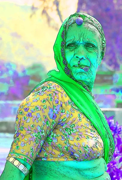 Rural Rajasthan India 2023 Illustration Ett Lantligt Kvinnoporträtt Gatan Med — Stockfoto