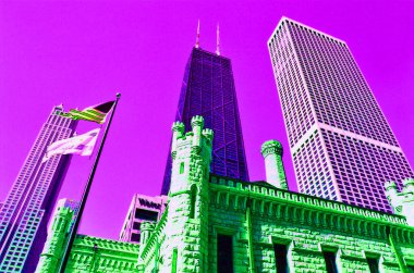 Chicago ILLINOIS BİRLİK Eyaletleri - 06 23 2003; Şehir merkezi ve Chicago 'daki John Hancock Merkezi renk lekeli resimleme arka plan ikonu