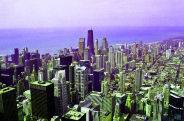 Chicago ILLINOIS BİRLİK Eyaletleri - 06 23 2003; Şehir merkezi ve Chicago 'daki John Hancock Merkezi renk lekeli resimleme arka plan ikonu
