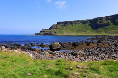 Kuzey İrlanda 'nın kuzey kıyısındaki ünlü Giant' s Causeway, County Antrim 'de manzara.  