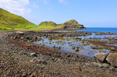 Kuzey İrlanda 'nın kuzey kıyısındaki ünlü Giant' s Causeway, County Antrim 'de manzara.  