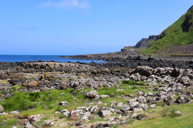 Kuzey İrlanda 'nın kuzey kıyısındaki ünlü Giant' s Causeway, County Antrim 'de manzara.  