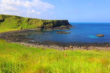 Kuzey İrlanda 'nın kuzey kıyısındaki ünlü Giant' s Causeway, County Antrim 'de manzara.  