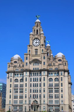 LiVERPOOL BİRLİK KINGDOM 06 07 2023: Royal Liver Building listelediğim bir binadır. Liverpool liman binası ve komşu Cunard binası ile birlikte Pier Head 'de yer alır.