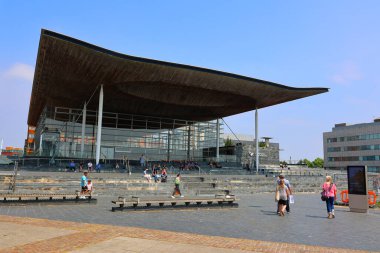 CARDIFF WALES UNITED KINGDOM 06 17 23: Senedd, also known as the National Assembly building was opened by Queen Elizabeth II in 2006 in Cardiff, South Wales and is the location of the Welsh Parliament clipart