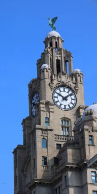 LiVERPOOL BİRLİK KINGDOM 06 07 2023: Royal Liver Building listelediğim bir binadır. Liverpool liman binası ve komşu Cunard binası ile birlikte Pier Head 'de yer alır.