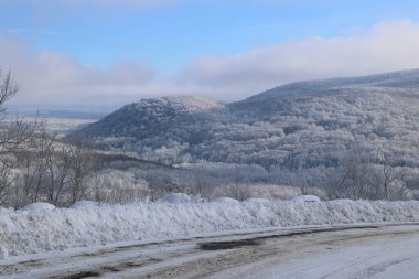 Doğu Kasabası Quebec Kanada 'da kar fırtınası üstüne kış manzarası