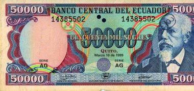 Ekvador - CIRCA 1988: 50.000 Sucres faturası. Ekvador Merkez Bankası (Banco Central del Ekvador)