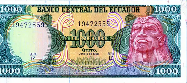 ECUADOR - CIRCA 1988: 1000 Banco Central Del Ecuador Mil Sucres. Sağda Ruminahui 'nin portresi