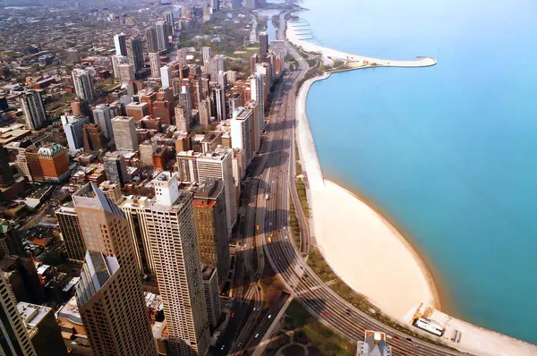 stock image Chicago city aerial view with Gold Coast, Lincoln Park, Lakeview and Boystown. 