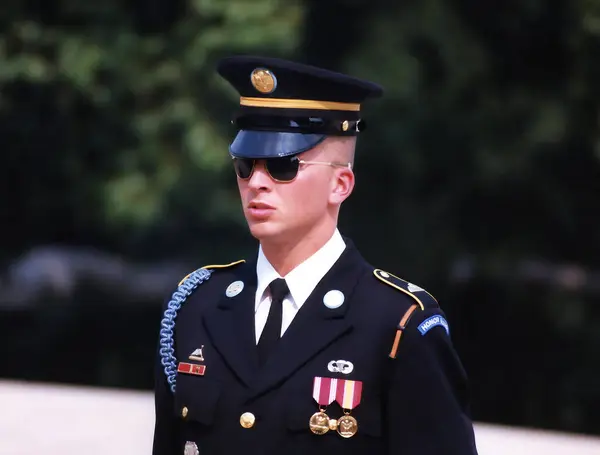 stock image WASHINGTON UNITED STATES OF AMERICA 08 16 2012: U.S. Army sentinel from the 3rd U.S. Infantry Regiment the Old Guard in front of the Tomb of the Unknown Soldier at Arlington National Cemetery